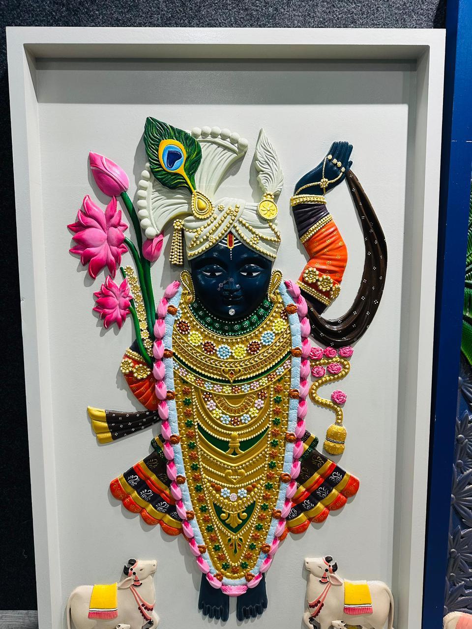Framed Shrinathji relief painted in black, gold and jewel tones